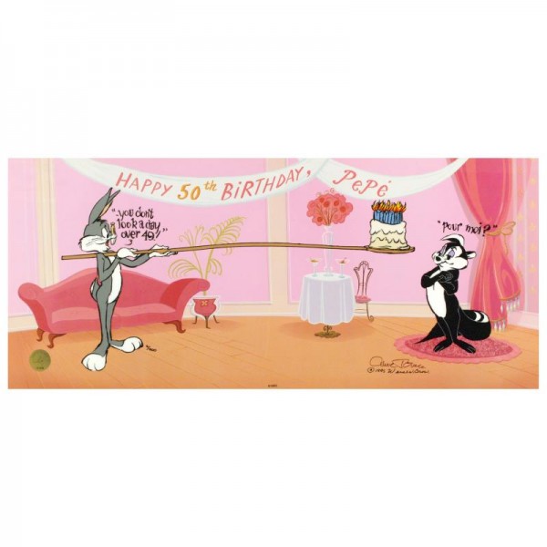 Pepe's 50th Birthday by Chuck Jones (1912-2002)! Sold Out Limited Edition Animation Cel 25" x 10.5" with Hand Painted Color! Numbered and Hand Signed with Certificate of Authenticity!