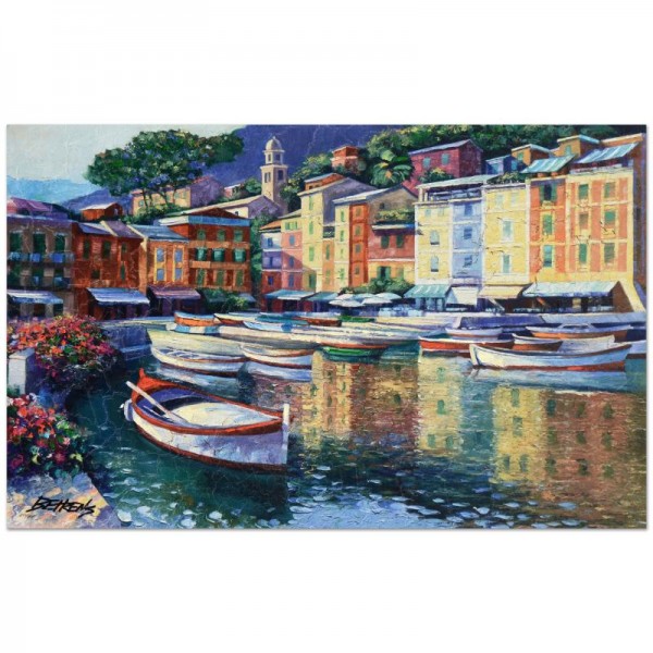 Howard Behrens (1933-2014) - "Portofino Harbor" Limited Edition Hand Embellished Giclee on Canvas with a Crackled Finish